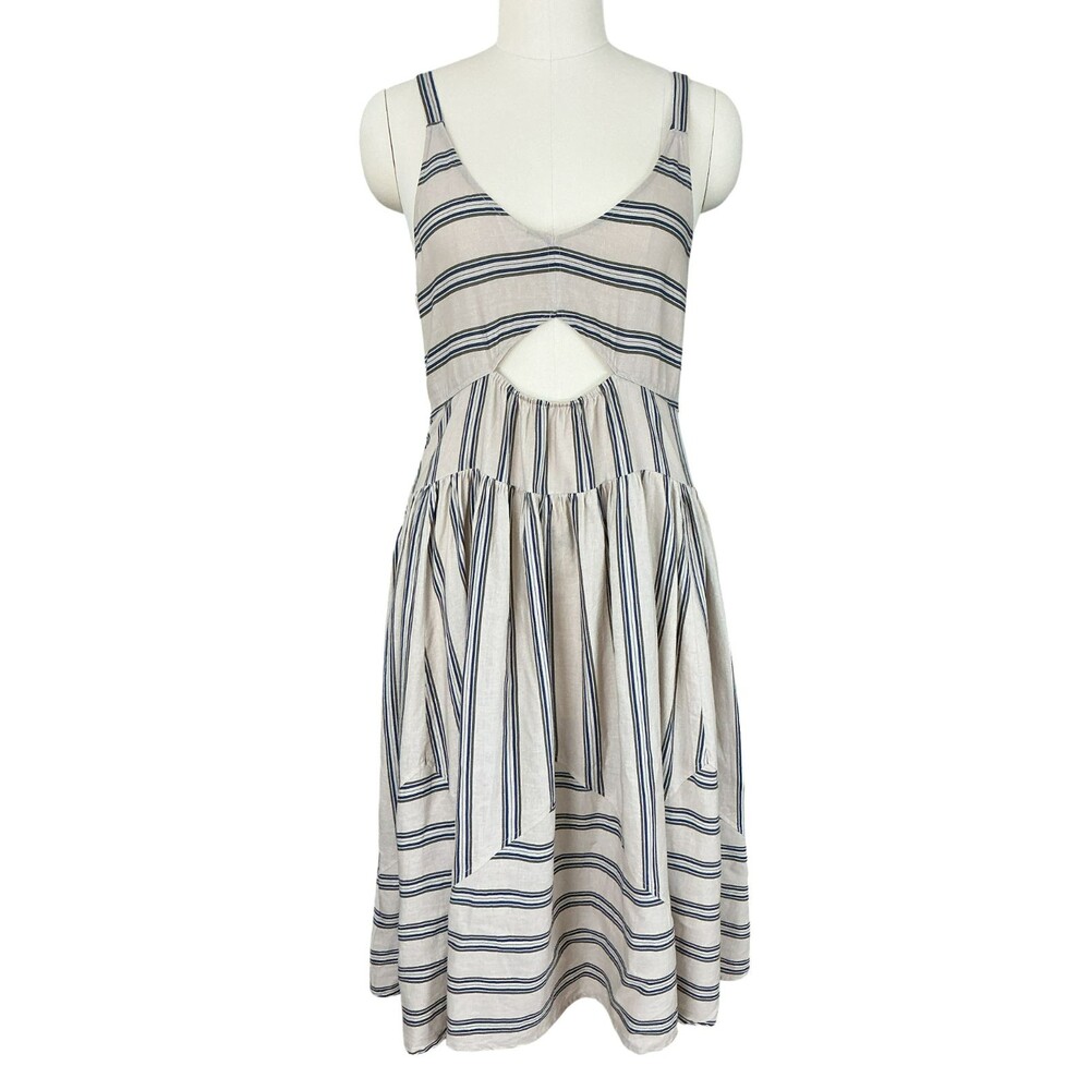 Anthropologie Plenty Linen Fit & Flare Midi Dress L Beige Striped Cutout Tiered - Picture 5 of 16